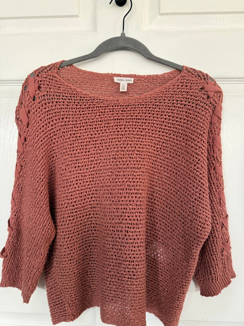 Tribal Jeans Boho Open Knit Lace-Up Sleeve Sweater Size Medium